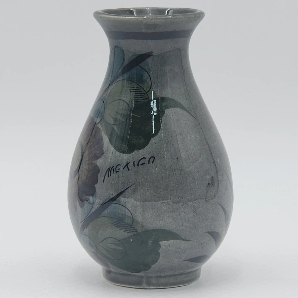 Vintage Mexican Tonala Style Pottery Vase Hand Painted Floral Signed Mexico
